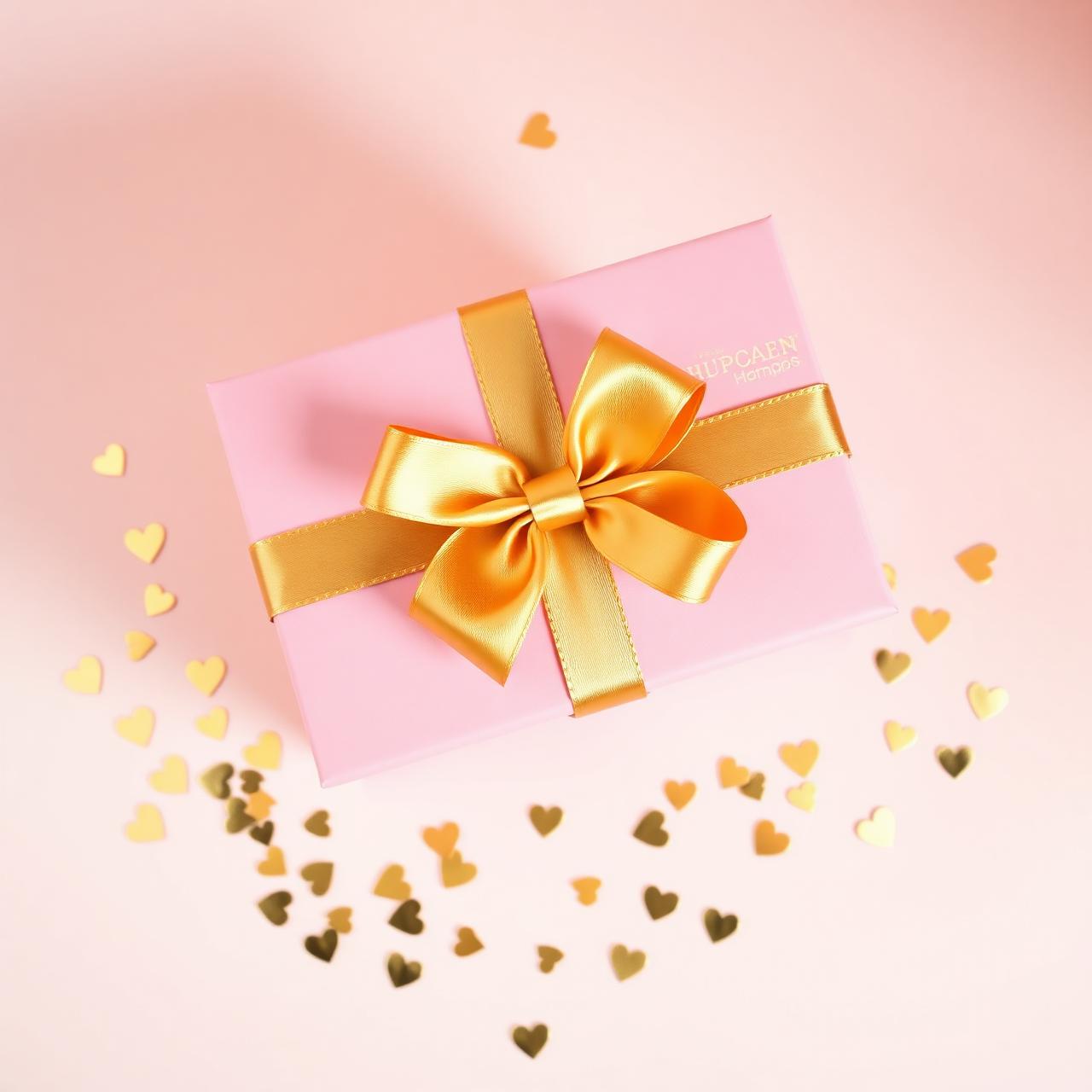 A pink gift hamper wrapped with a golden ribbon